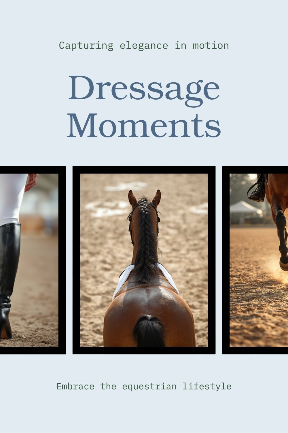 Dressage collage: horses in a sand dressage arena