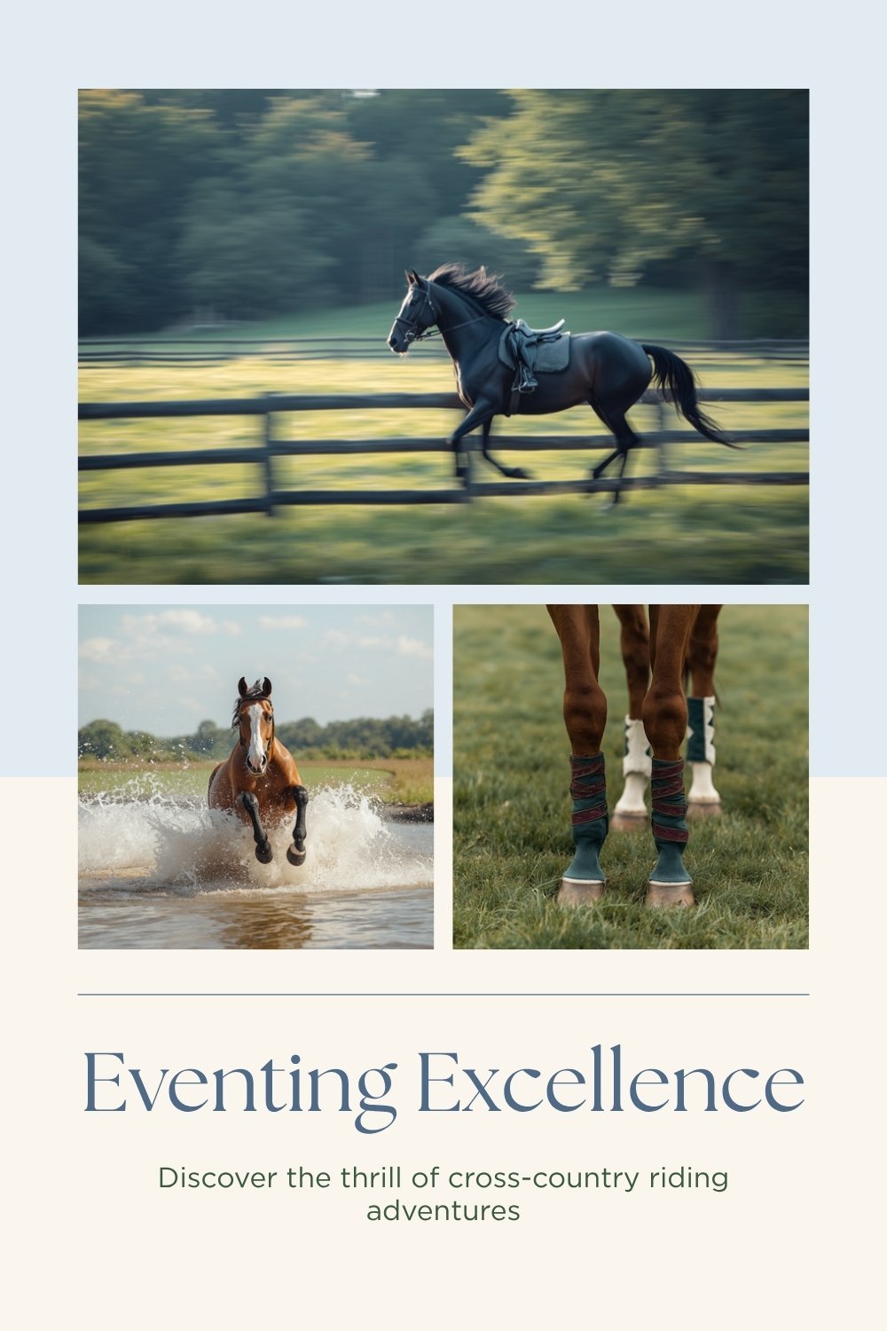 Eventing collage: horses galloping cross-country and through water