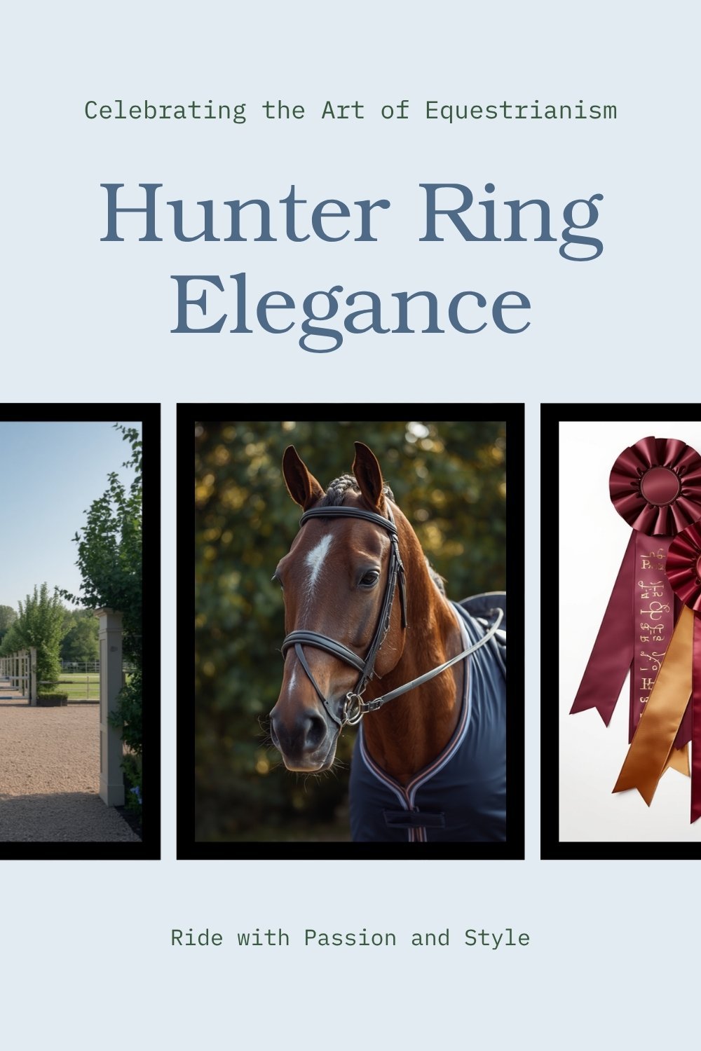 Hunter ring collage: braided bay horse, ribbons, and hunter fences