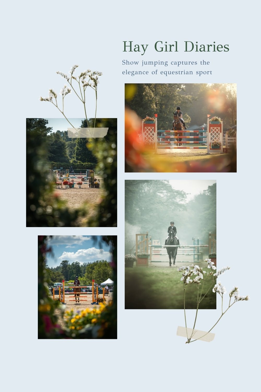 Show jumping collage: horses jumping flower-decorated fences