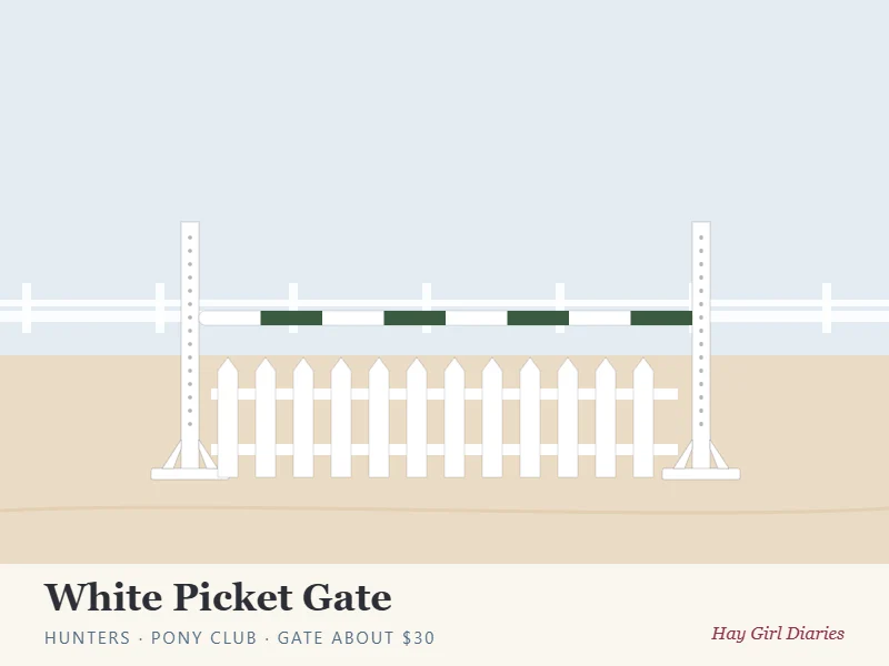Illustration of a DIY white picket gate horse jump